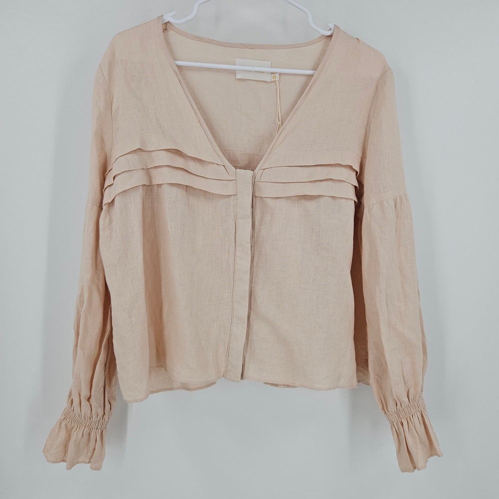 Sancia 100% Linen Ruffle Blouse Top Pink V-Neck Long Sleeve Lagenlook NWOT Sz XS